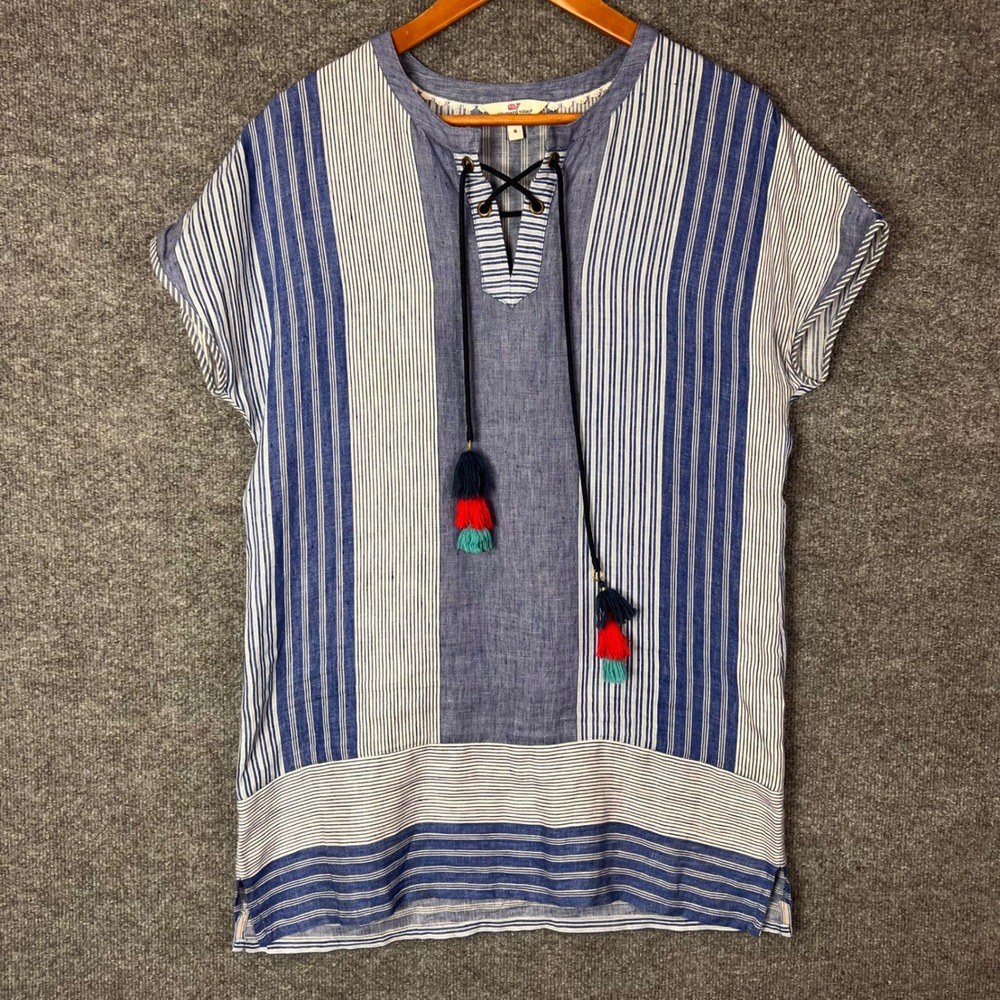 Vineyard Vines Tunic Top Womens 8 Blue Excellent Striped  Lace Up